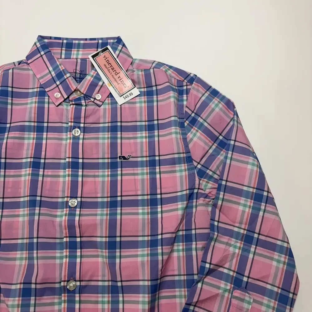 Vineyard Vines Shirt Boys Small 8-10 Pink Plaid Performance Whale Button Down